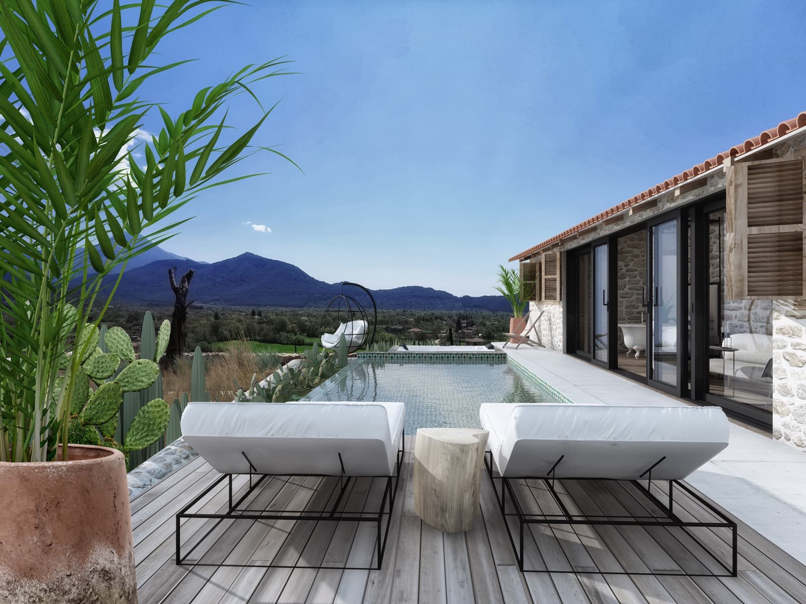 Emna Studio architecture — Mediterranean terrace, pool, and mountain view