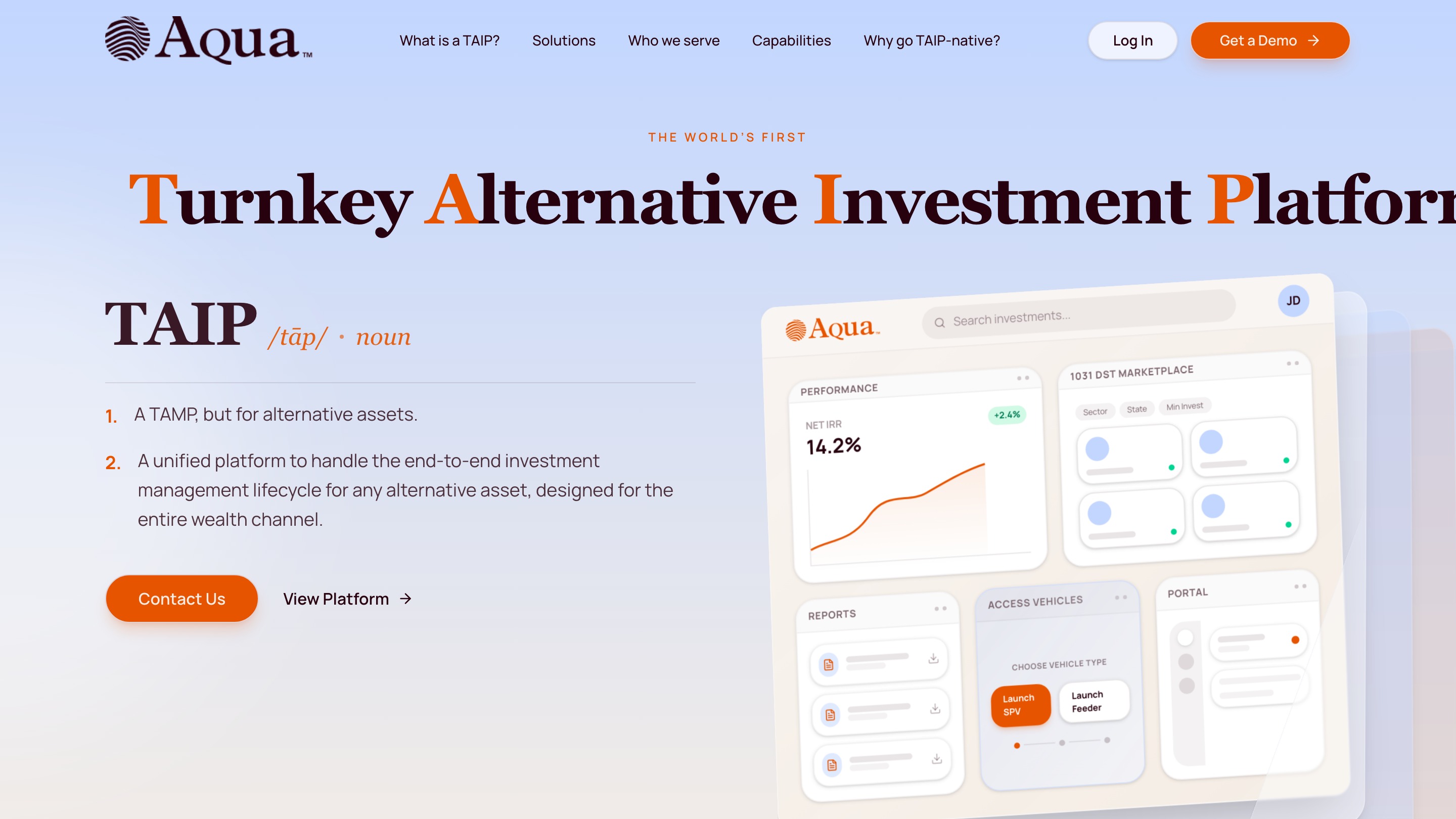 Aqua homepage on investwithaqua.com — TAIP lockup and platform UI